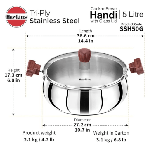 Hawkins 5 Litre Cook n Serve Handi, Triply Stainless Steel Handi with Glass Lid, Induction Sauce Pan, Biryani Handi, Saucepan, Silver (SSH50G) - Image 5